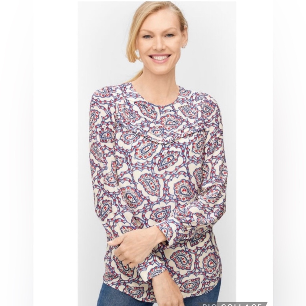 Talbots Top Pintuck Yoke Paisley Ruffle White Red Blue SP Cottagecore Boho